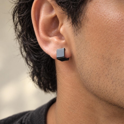 Black square hoops - Chunky earrings - Geometric jewelry - Minimalist wide huggies - Hypoallergenic - KAMILA