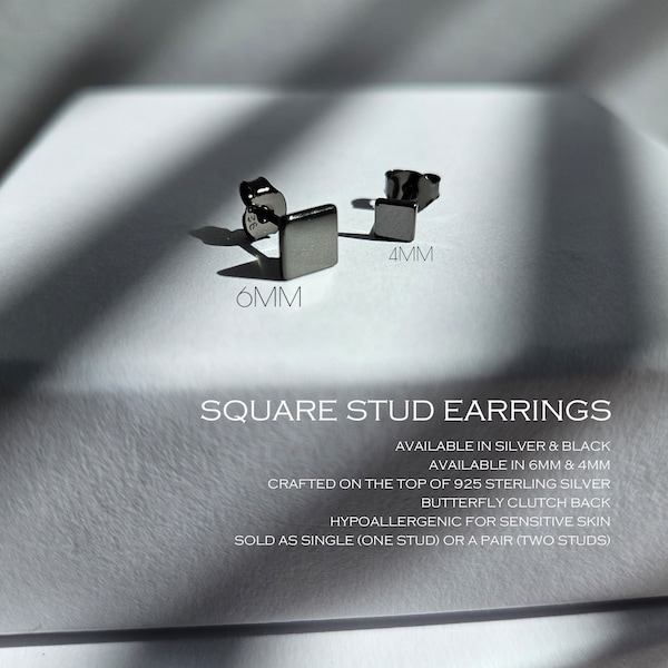 Square earrings - Black stud earrings - Silver earrings - Cartilage earrings - Geometric earrings - Tiny earrings - Everyday earrings