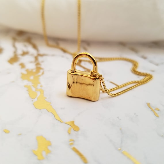 Gold Padlock Necklace, Chunky Chain Lock Necklace, Curb Chain With