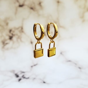 Padlock Earrings, Padlock Dangle Earrings, Padlock Huggie Earrings, Padlock Drop Hoop Earrings, Tiny Dangle Earrings, ERIN EARRINGS image 3