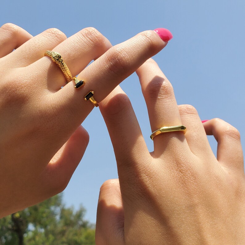 May include: Two gold rings on a person's fingers. One ring is a snake design with a black stone, the other is a simple rectangle shape.