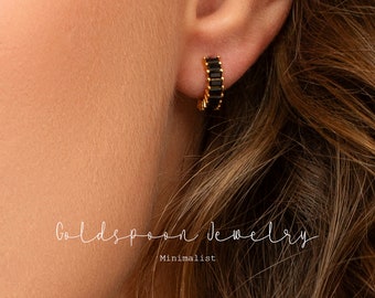 Black cz Hoop Earrings - Baguette Earrings - Baguette Hoop Earrings - Baguette Huggies - Tiny Huggies - Small Hoops - COLETTE EARRINGS