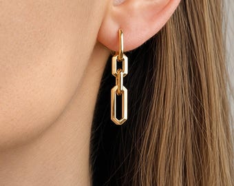 Modern chain link earrings - Geometric link huggie hoops - Minimalist dainty jewelry - Gift for her - Hypoallergenic - Light weight - RIVKA