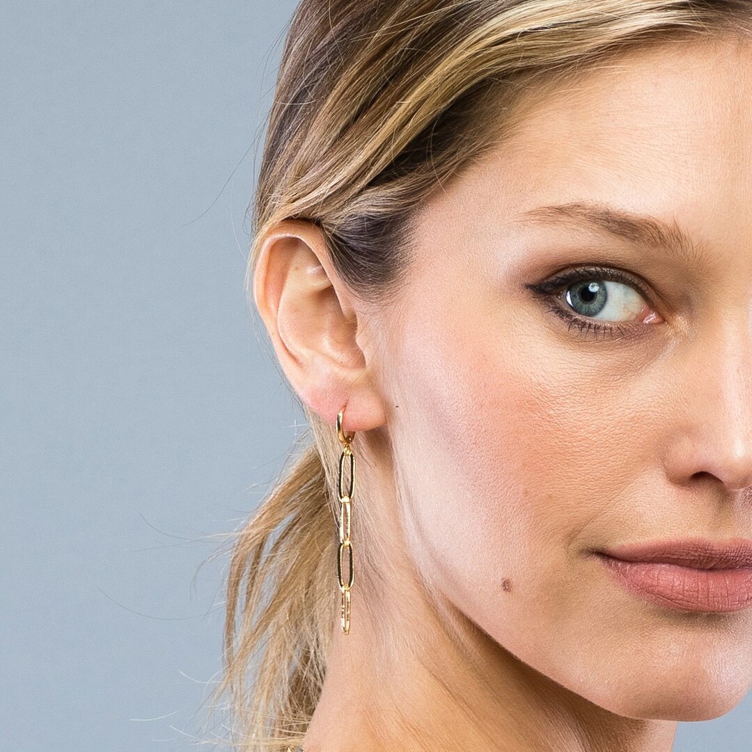 Chain Drop Hoop Earrings, Gold Lever Back Earrings, Gold Chain Earrings