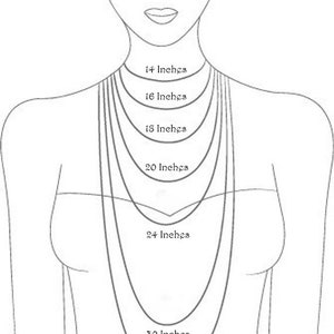 May include: A line drawing of a person wearing necklaces of different lengths, labeled in inches. The lengths are 14, 16, 18, 20, 24, 30, and 33 inches.