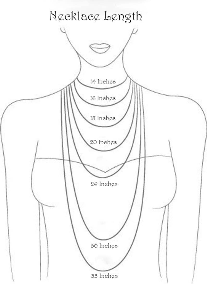 May include: A line drawing of a person wearing necklaces of different lengths, labeled in inches. The lengths are 14, 16, 18, 20, 24, 30, and 33 inches.