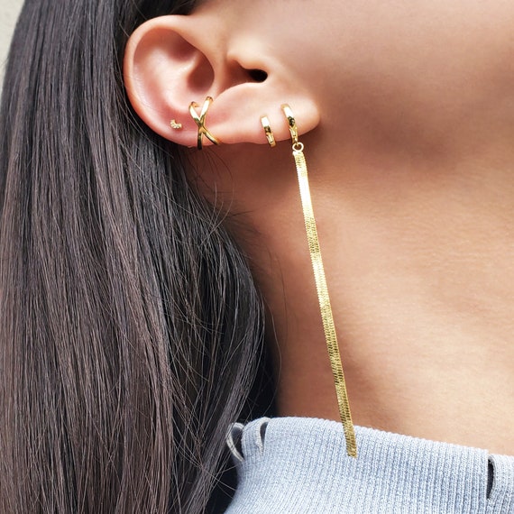 Chain Earrings Herringbone Earrings Dainty Huggie Hoop Earrings