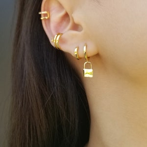 Padlock Earrings, Padlock Dangle Earrings, Padlock Huggie Earrings, Padlock Drop Hoop Earrings, Tiny Dangle Earrings, ERIN EARRINGS image 5