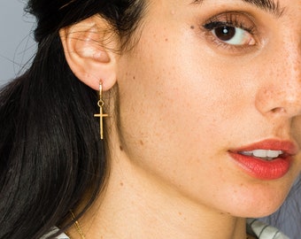 Cross Hoop Earrings, Gold Hoop Earrings, Dainty Hoop Earrings, Gold Cross Earrings, Delicate Gold Earrings, Classic Earrings, TATUM EARRINGS