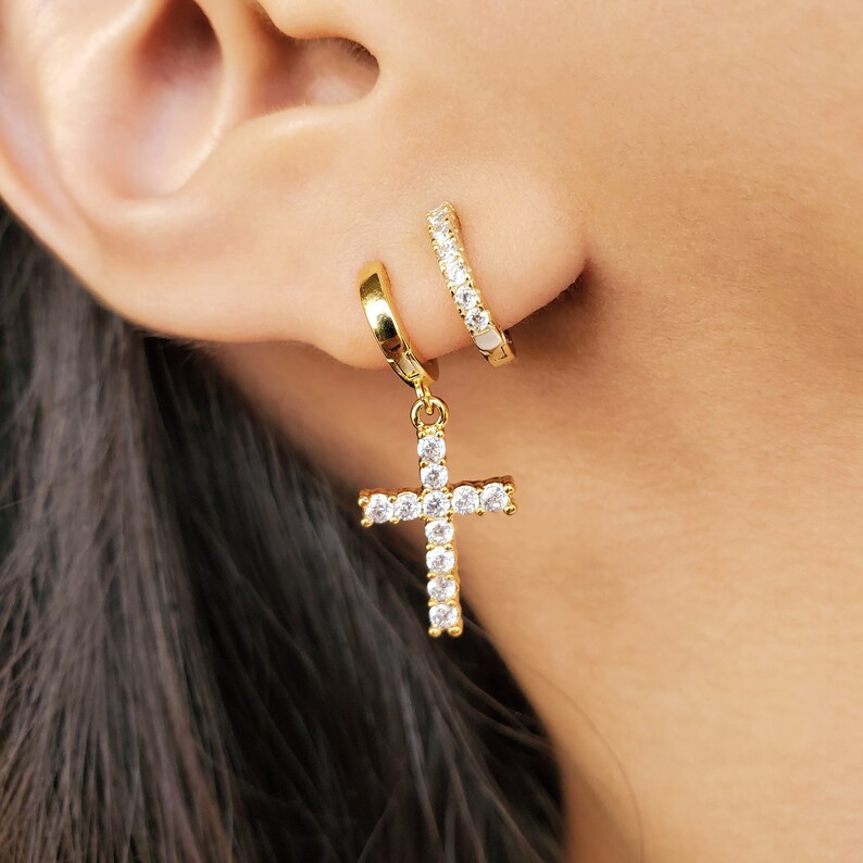 Cross Earrings Gold Cross Earrings Gold Hoop Earrings Etsy
