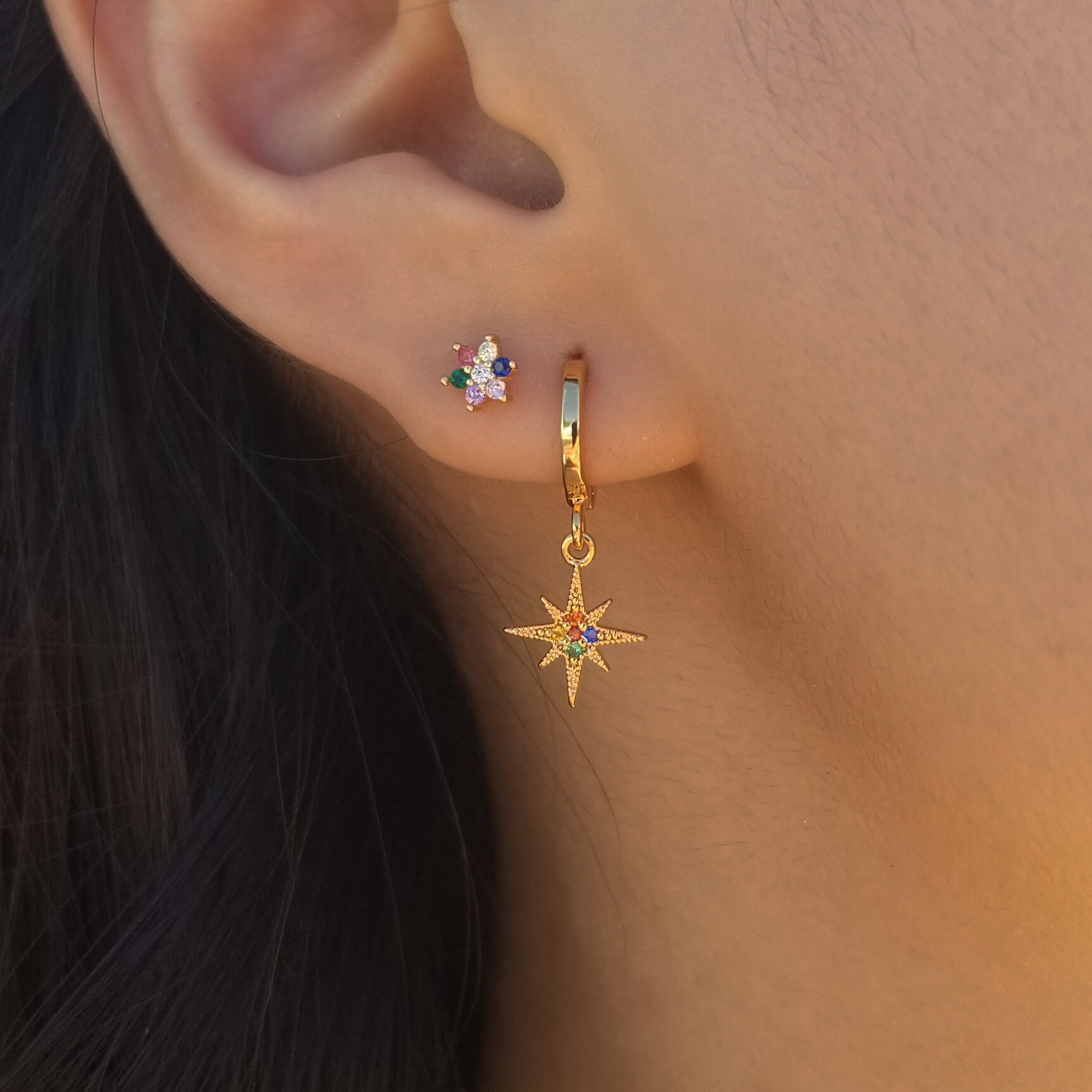 Celestial Drop Hoops MARYAM EARRINGS Tiny Star Earrings Tiny Earrings Rainbow Earrings Star Huggie Hoops Dainty Gold Huugie Hoops
