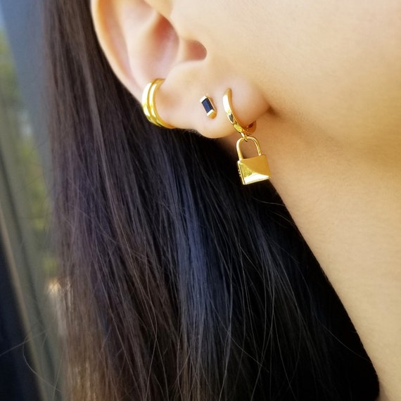Padlock Earrings Padlock Dangle Earrings Padlock Huggie Earrings