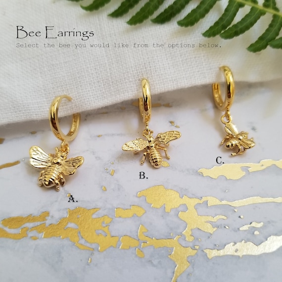 Bee Earrings Gold Huggie Hoops Bee Dangle Earrings Dainty | Etsy