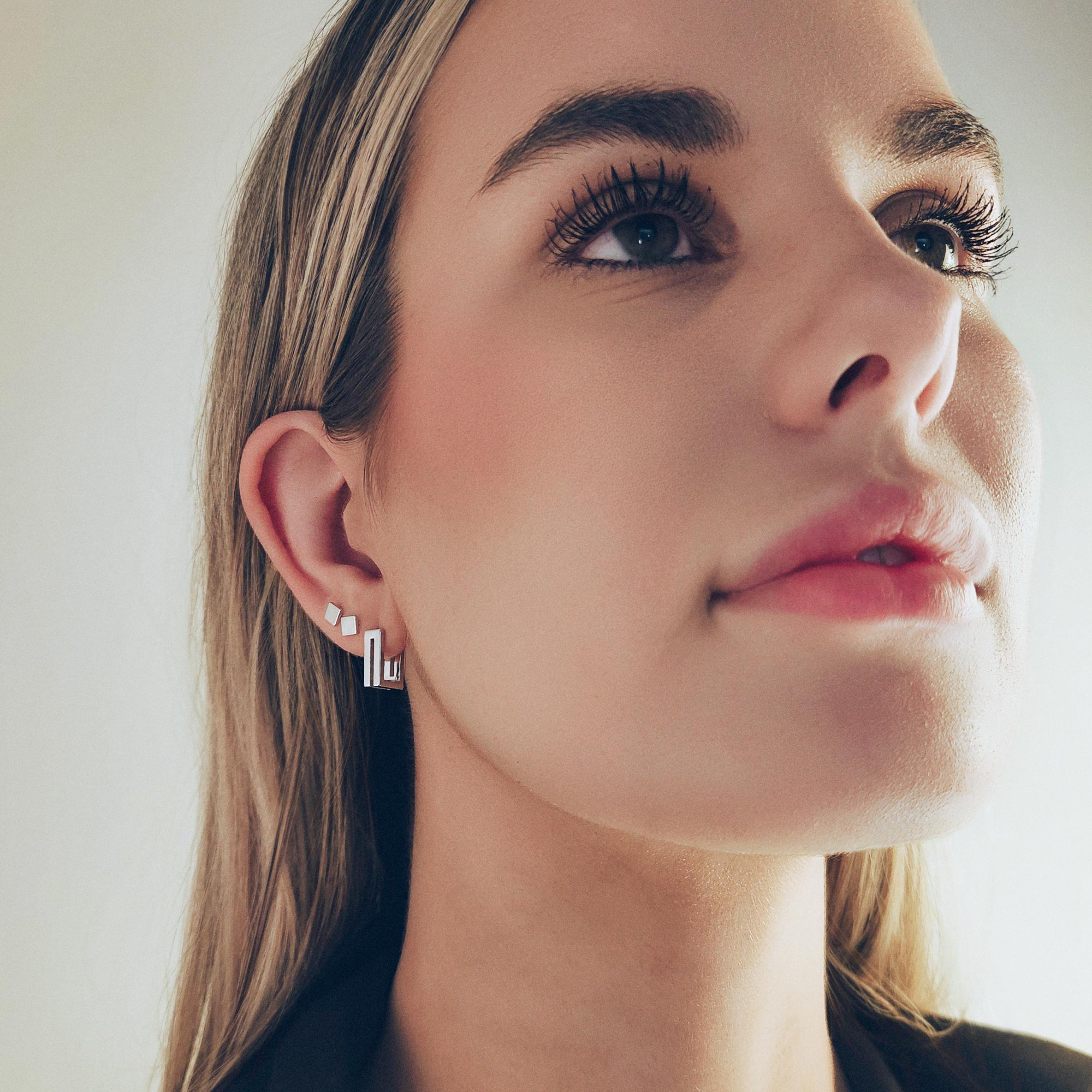 Rectangular Earings Double Rectangle Earrings - Dainty Huggie Hoops - Geometric Jewelry ...