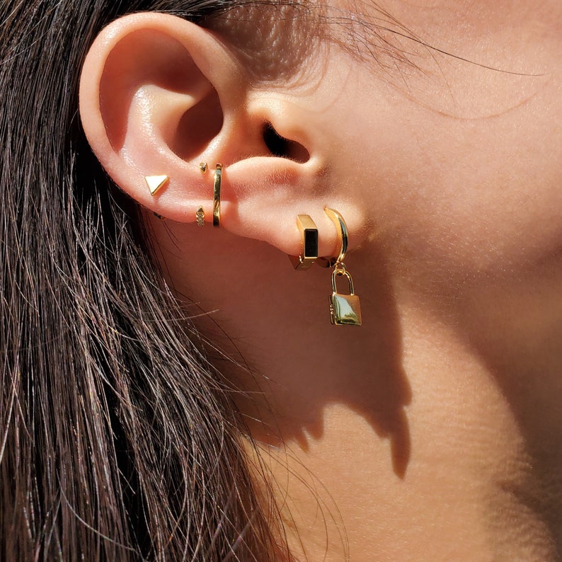 Padlock Earrings, Padlock Dangle Earrings, Padlock Huggie Earrings, Padlock Drop Hoop Earrings, Tiny Dangle Earrings, ERIN EARRINGS image 8