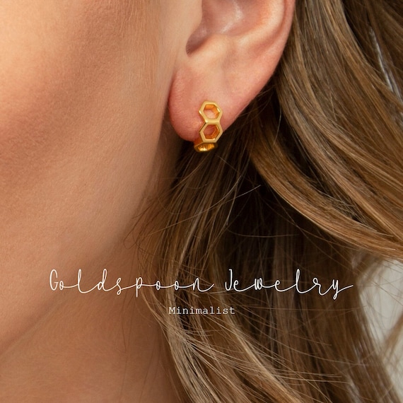 Tiny hexagon huggies - Minimalist jewelry - Geometric earrings - Gift for her - Cartilage piercing - REESE EARRINGS
