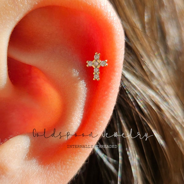 18G/16G internally threaded labret - Cross earrings - Cartilage stud - Tragus stud - Conch stud - Flat back labret stud - JENESIS EARRINGS
