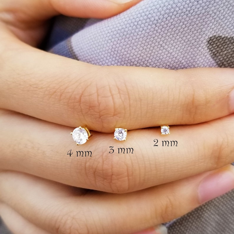 Tiny Stud Earrings, Crystal Stud Earrings, 2 mm Stud Earrings, Dainty Gold Stud Earrings, Small CZ Earrings, Minimalist Earrings,AMINA STUDS image 1