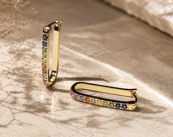 Dainty rainbow rectangle hoops - Everyday minimalist earrings - Gift for her - Hypoallergenic - Light weight - KENNEDI