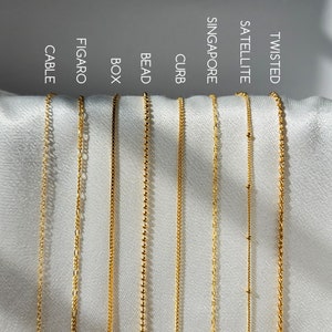 May include: A close-up of ten different gold chains, labeled with their names: Twisted, Satellite, Singapore, Curb, Bead, Box, Figaro, and Cable.