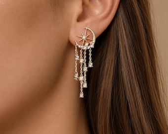 Moon and star chain drop earrings - Sparkly statement jewelry - Gift for her - KALANI