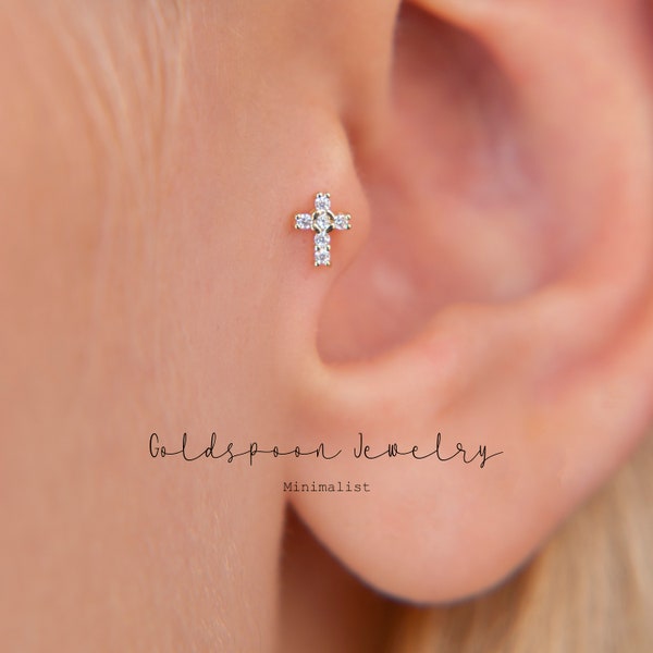 18G/16G internally threaded labret - Cross earrings - Cartilage stud - Tragus stud - Conch stud - Flat back labret stud - JENESIS EARRINGS