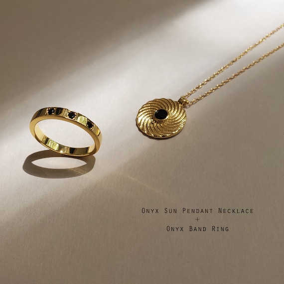 Holiday Gift Set • Onyx Jewelry Set • Gold Band Ring • Onyx Sun Necklace • Pendant Necklace • Gift Ready • Minimalist Jewelry Set