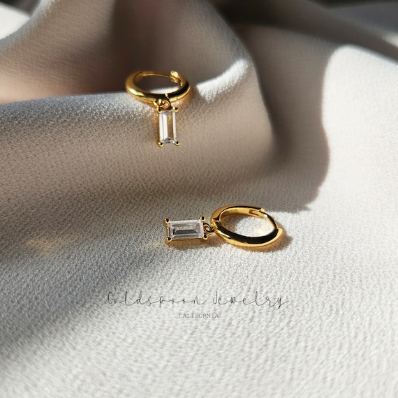 Dangle Huggie Earrings - Gold Drop Hoops - Minimalist Earrings - Baguette Earrings - Simple Earrings - Everyday Earring - EMERSON EARRINGS