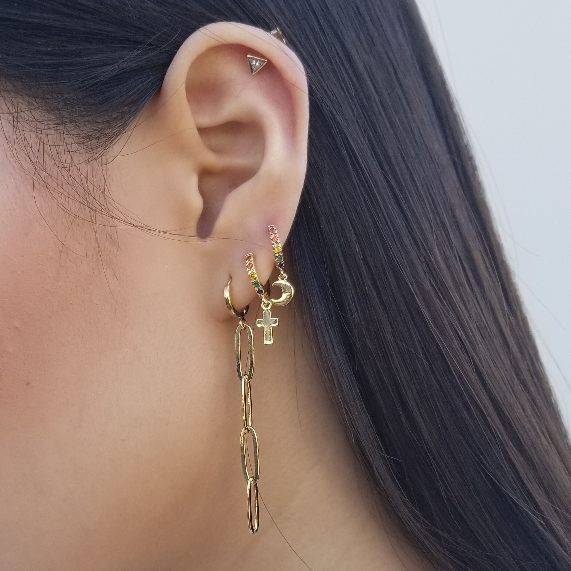 Chain Drop Hoop Earrings Gold Lever Back Earrings Gold Chain Etsy