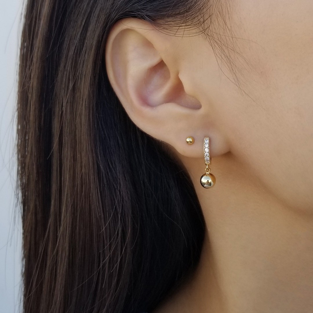 Ball Dangle Earrings, Ball Drop Hoop Earrings, Gold Dangle Earrings