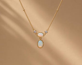 Dainty double white opal necklace - Oval opal drop pendant - Gemstone jewelry - Gift for her - Light weight - Minimalist - ASPYN