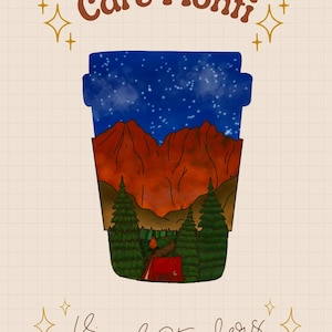 Tazza da caffè con adesivo in vinile impermeabile disegnato a mano - Campeggio, escursionismo, stelle, amanti della natura, montagne, sentieri, cani, zaino in spalla