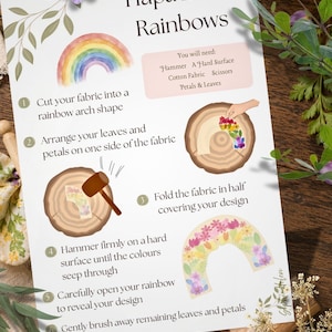 May include: An instructional guide titled Hapa Zome Rainbows detailing a six-step process for creating botanical prints on fabric. The document includes a list of required materials, illustrations of a hammer, tree slices, and a finished rainbow.