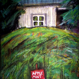 Może przedstawiać: Malowanie przedstawiające zielone pole z małym białym budynkiem w tle. Budynek ma jedno okno z czterema szybami. Czerwony znak z napisem "Apple Mint" znajduje się na pierwszym planie.