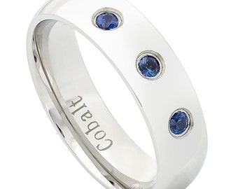 Domed High Polished Finish Cobalt Ring - 6mm - 8mm With THREE (3) Bezel-Set BLUE SAPPHIRES 2.1mm to 2.3mm ea.approx