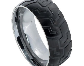 Semi-DomedWith Black IP Plated Tungsten Ring with Super Sleek Tire Tread Laser Carved Pattern - 9 mm