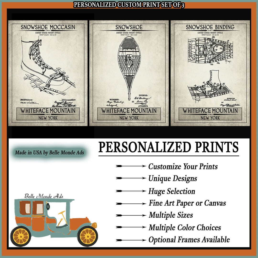Personalized Snowshoeing Patent Print Set of 3 Customized Snowshoer