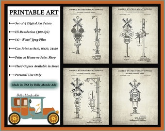 PRINTABLE Vintage Railroad Crossing Signal Patent Prints - Digital Railroad Drawings - Railway Inventions - Railfan Gift - Trainspotter Gift