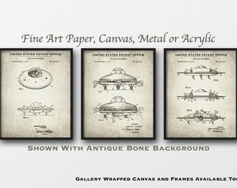 UFO Set of 3 Patent Art Prints - Flying Saucer Posters - Retro Outer Space Decor - Space Vehicles - Space Travel - Space Exploration Decor