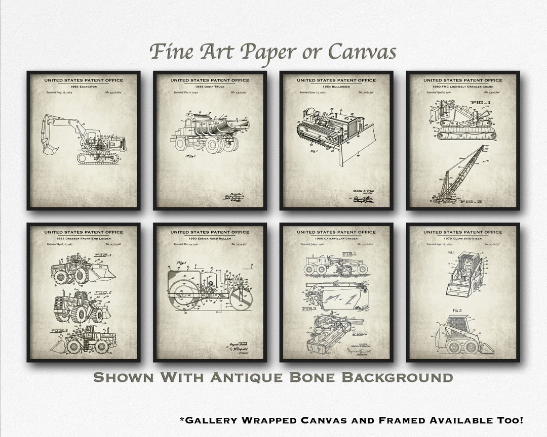 Heavy Equipment Set of 8 Patent Art Prints Construction Vehicles Poster