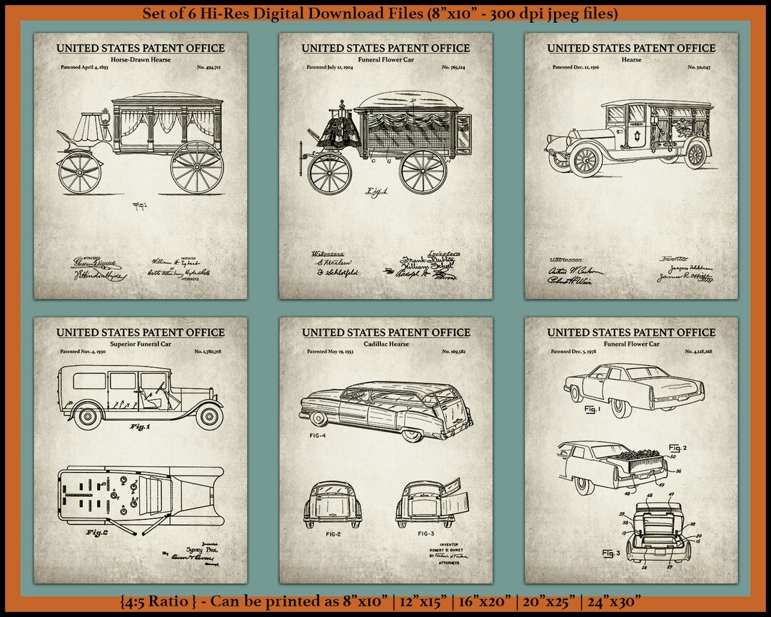 PRINTABLE Vintage Funeral Cars Set of 6 Patent Prints Hearse Inventions