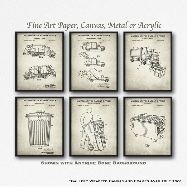 Garbage Removal Set of 6 Patent Prints - Waste Management Poster Set - Retro Trash Removal Inventions - Garbage Man Gift - Sanitation Decor