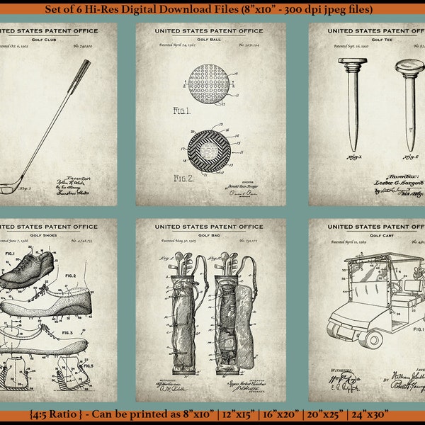 vintage Golfing Gear Digital Download Patent Print Set - Affiches de golf imprimables - Inventions de golf - Cadeau d'amateur de golf - Téléchargement instantané