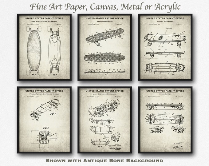 Skateboard Set of 6 Patent Art Prints - Skateboarding Poster Set - Skateboard Inventions - Skateboarder Gift - X-Games Decor - Blueprints