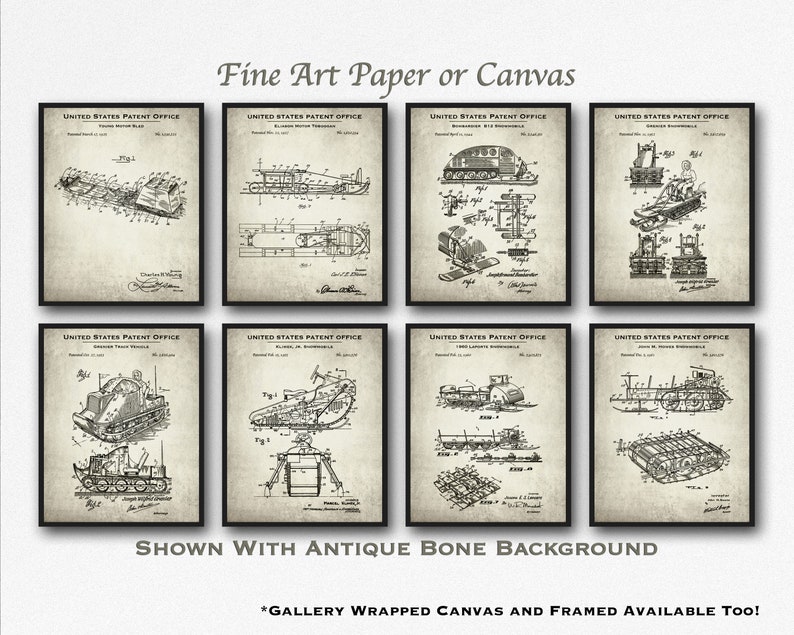 Snowmobiler Gift Lodge Decor Vintage Snowmobile Poster Set Snowmobiling Set of 8 Patent Art Prints Retro Snowmobiling Inventions
