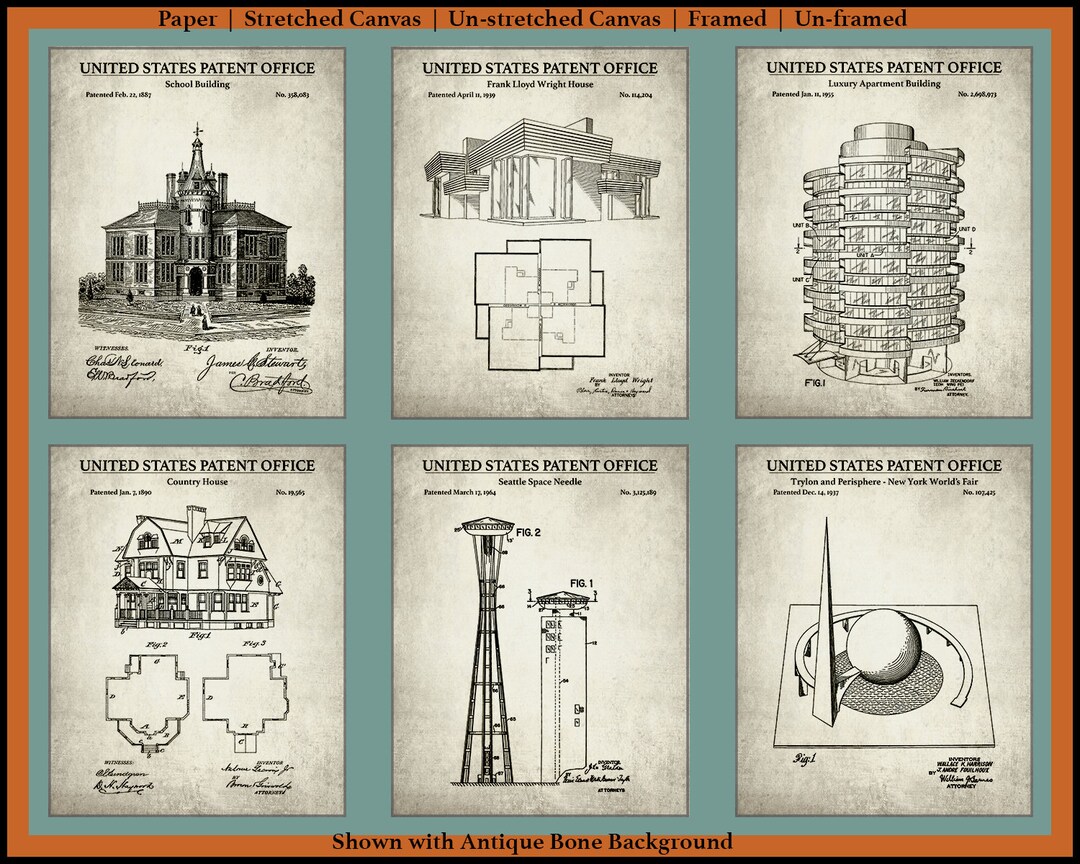 Architect Set of 6 Patent Prints Building Design Inventions Civil Engineer Gift Set Retro