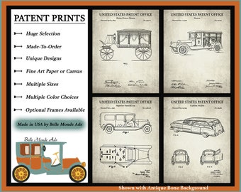 Funeral Car Set of 4 Patent Prints - Antique Hearse Poster Set - Vintage Funeral Inventions - Historical Patent Set - Funeral Home Wall Art