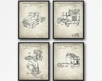 Vintage Semi Truck Set of 4 Patent Prints - Semi Trucks Poster Set - 18 Wheeler Truck Inventions - Garage Decor - Trucker Gift Idea