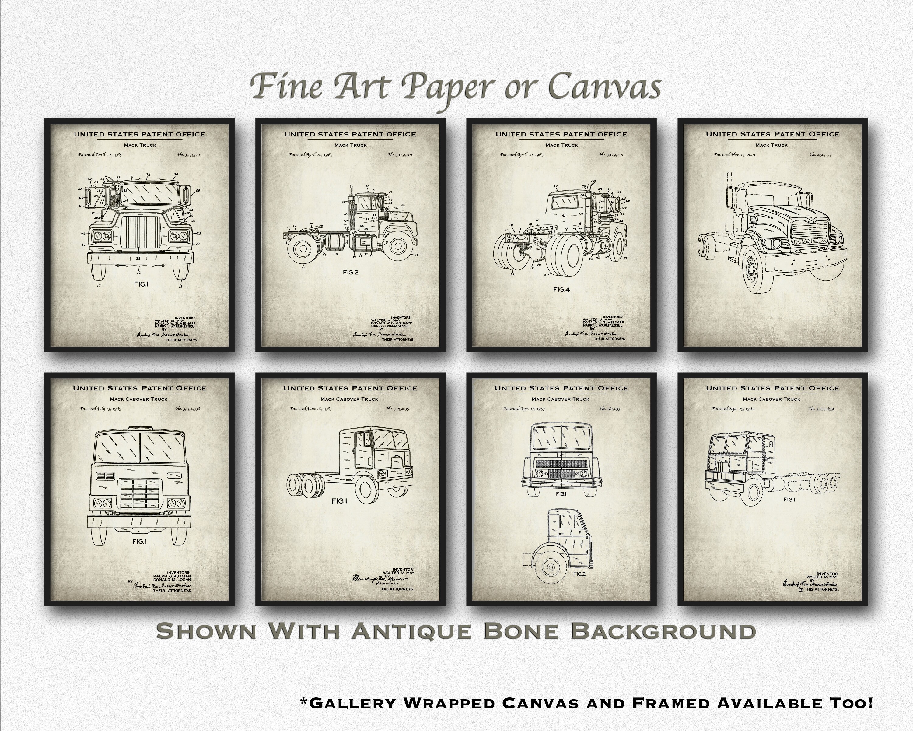 Mack Truck Set of 8 Digital Download Patent Prints Printable Mack Truck Poster Set Tractor