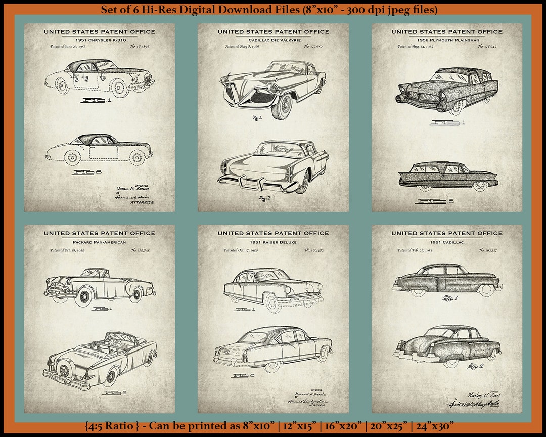 Vintage 1950's Automobile Printable Set of 6 Patent Prints Digital ...